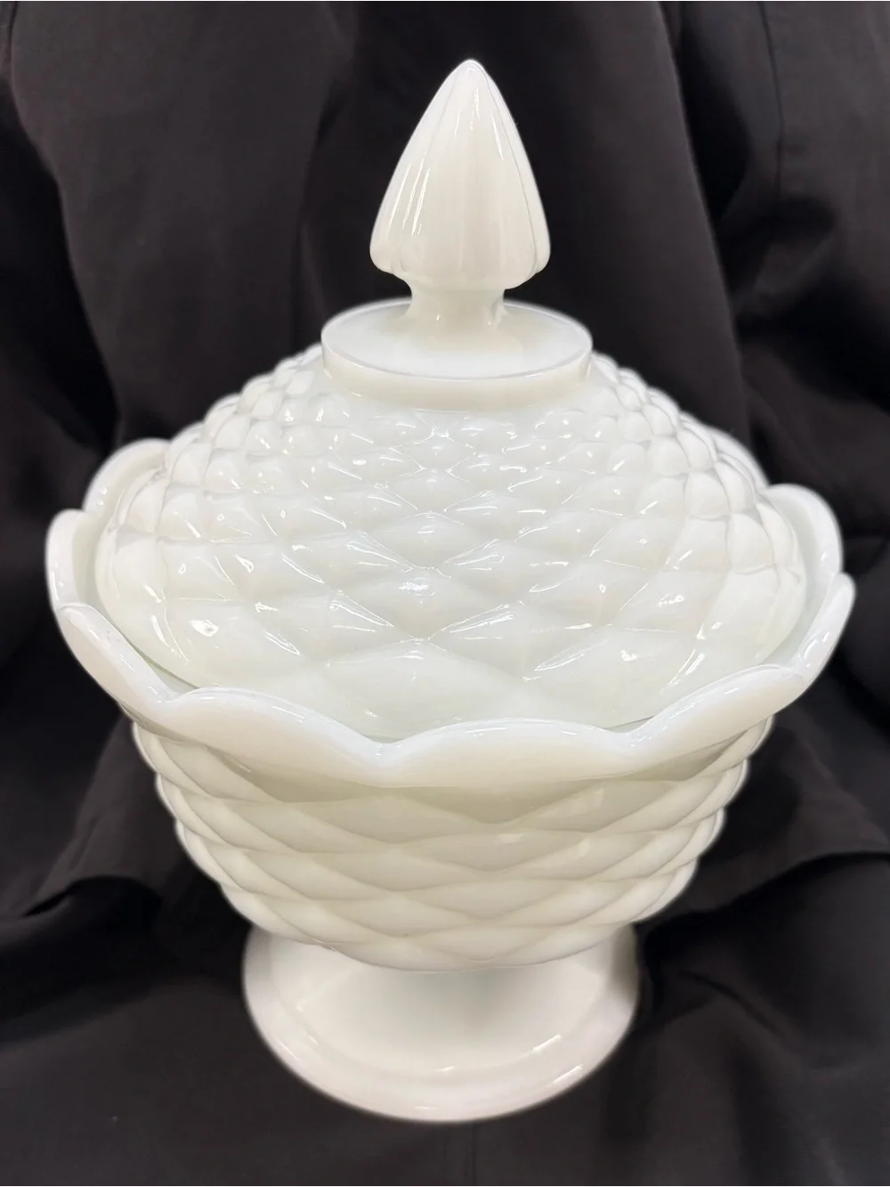 Anchor Hocking Milk Glass compote with lid with quilted diamond design